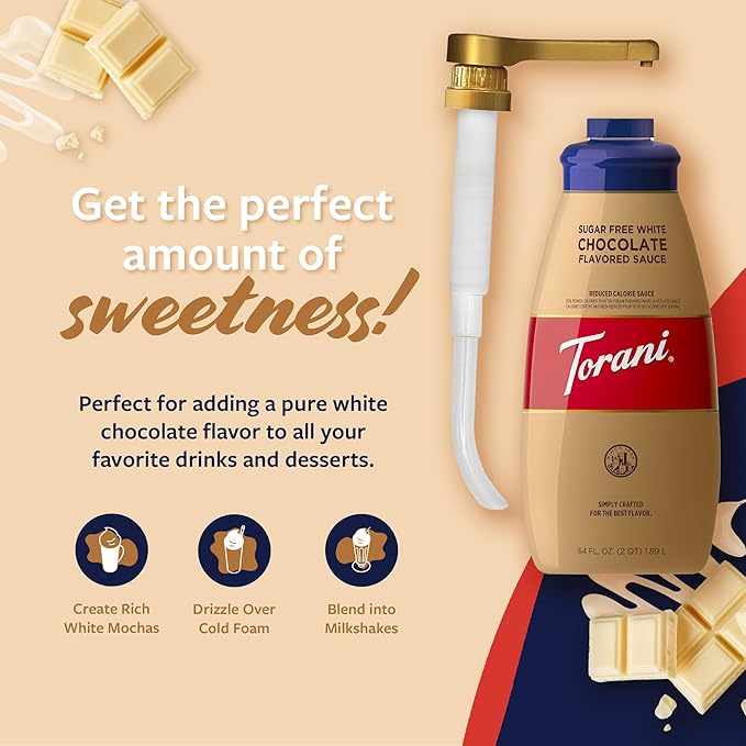 Torani Sugar Free White Chocolate Sauce for Crafting Coffeehouse Drinks Large Squeeze Bottle with Pump 64 Fl Oz