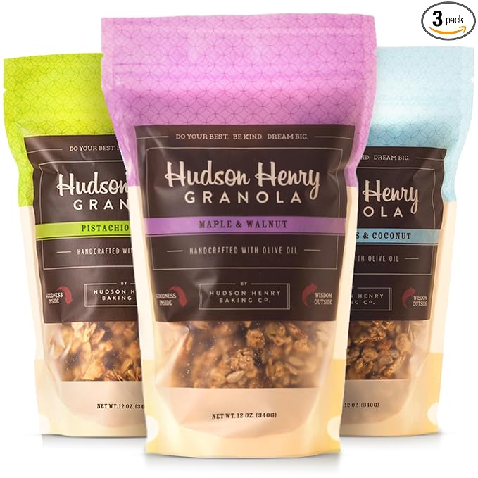 Hudson Henry Granola Trio Delight for Yogurt Snacking &amp Cereal | Maple Pecan Coconut Maple Walnut &amp Pistachio Almond Granola | Gluten Free Non-GMO Small Batch Baked | 3 Pack (12 oz Bags)