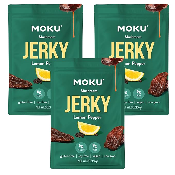 Moku Plant-Based Mushroom Jerky Vegan Gluten Free Soy-Free Non-Gmo No Artificial Sweetener Healthy Snacks 2.0 Oz Ea (3 Count Lemon Pepper)
