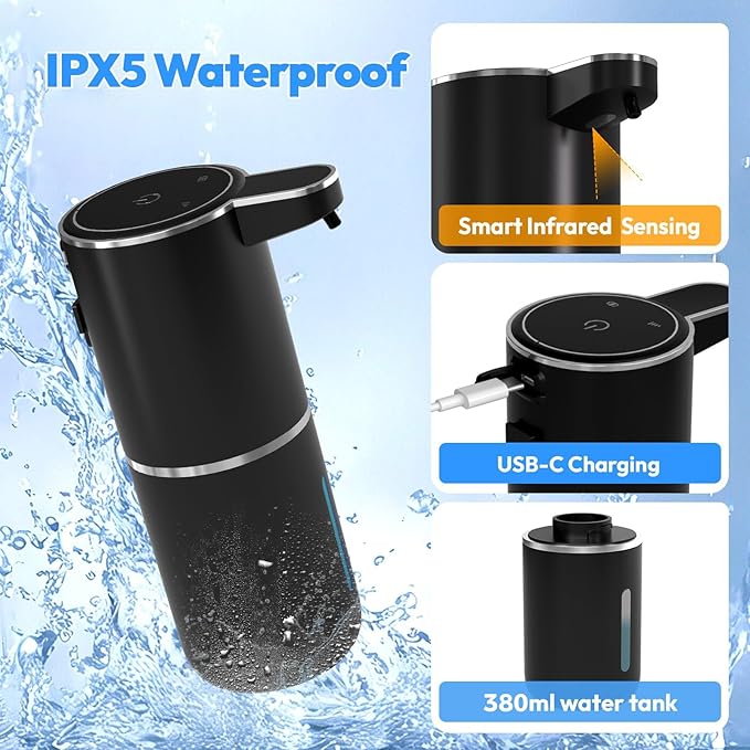 2 Pack Automatic Foaming Soap DispenserTouchless Foam Soap Dispenser12.8oz Rechargeabled Wall Mounted Smart for Bathroom and Kitchen Dish SoapEasy for Toddlers(Black)