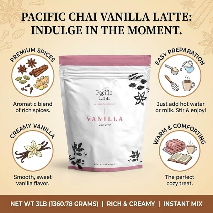 Pacific Chai Vanilla Chai Latte Mix Instant Chai Tea Latte Powder Drink Mix Gluten Free Kosher Spiced Tea Latte 3 LB
