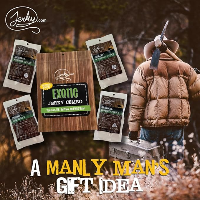 Jerky.com Exotic Jerky Variety Pack | 4pc Wild Game Snacks Sampler with Venison Elk Buffalo &amp Wild Boar | High Protein Keto Exotic Jerky Gifts for Men | Gifts for Men &amp Hunters