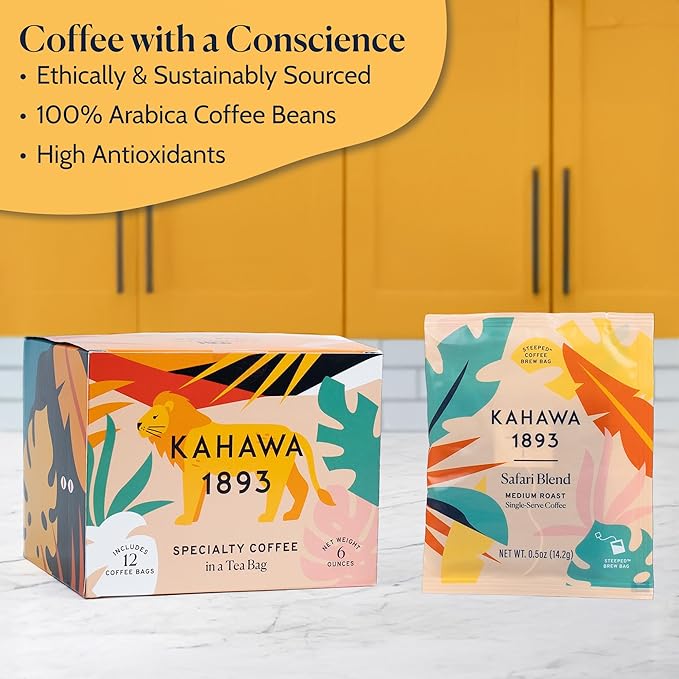 Kahawa 1893 Coffee Tea Bags Medium Roast Safari Blend 12 Single Serve Bags - As Seen on Shark Tank High Antioxidants Naturally Sweet Organically Grown Ethically &amp Sustainably Sourced