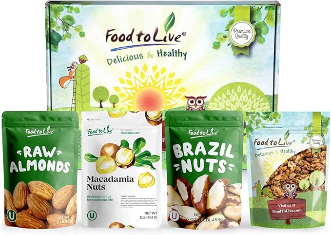 Food to Live Raw Nuts in a Gift Box - Walnuts Almonds Brazil Nuts and Macadamia Nuts
