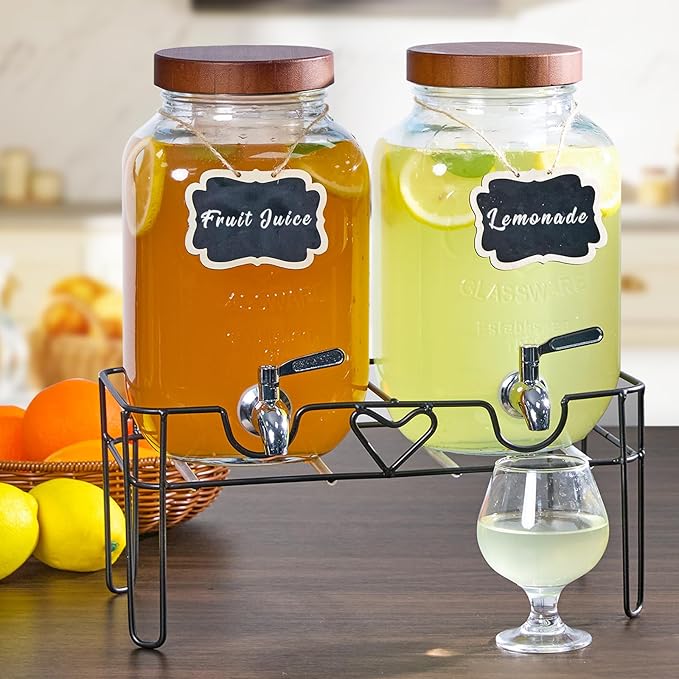 2 Pack1Gallon Glass Drink Dispenser with Stand&ampBamboo Lids&ampFruit Infuser304 Stainless Steel Leak-Proof SpigotBeverage Dispenser for PartiesWater Sangria Juice Sun Tea Lemonade(Brown)