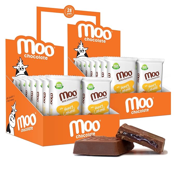 Moo Chocolates All Natural Milk Chocolate Mini Bars with Honey Caramel 0.7 oz 28 ct (Pack of 2) | 70 Calorie Snacks for On-the-Go Lunchboxes Office