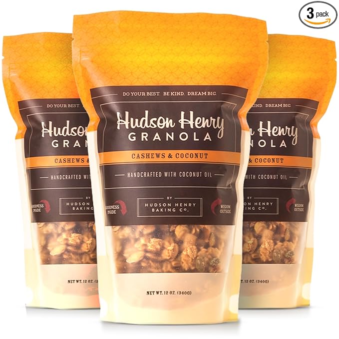 Hudson Henry Cashew Coconut Granola for Yogurt Snacking &amp Cereal | Gluten Free with Nuts and Seeds | Cashew Granola Non-GMO Small Batch Baked | 3 x 12 oz Bags