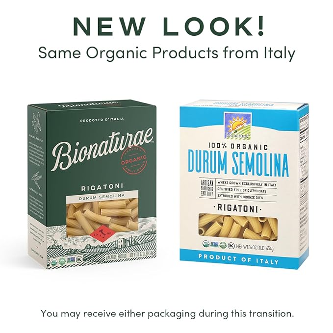 Bionaturae Rigatoni Pasta Noodles - Durum Semolina Pasta Kosher High Protein Non-GMO Verified USDA Certified Durum Semolina Rigatoni Rigatoni Pasta Organic Crafted in Italy - 16 Oz 3 Pack
