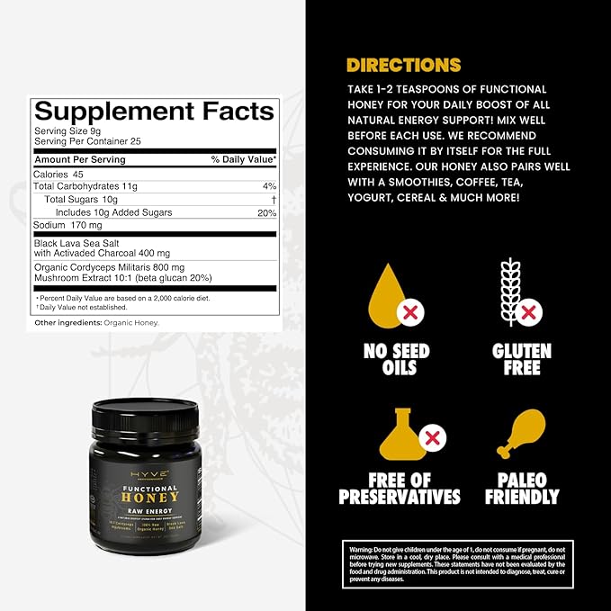 HYVE Functional Pre-workout Raw Energy Honey with Organic Cordyceps Mushrooms Black Lava Sea Salt &amp Organic Honey – Natural Energy Boost 8 Ounce Jar