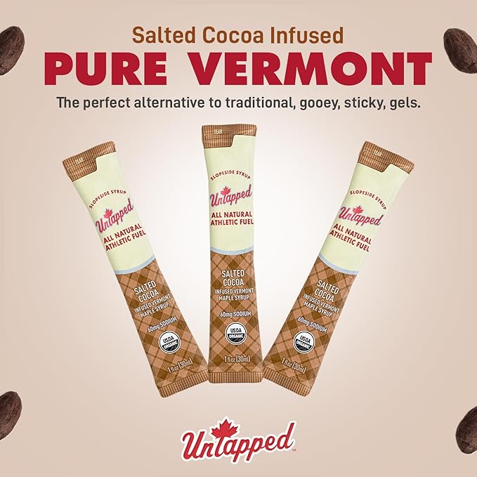 UnTapped Salted Cocoa Infused Vermont Maple Syrup Packets for Athletes Box of 20-1 fl oz Each | Pure Maple Syrup with Rich Cocoa Extract and Sea Salt | Fuel to Keep You Running Longer