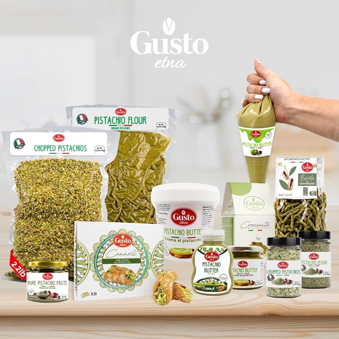 GUSTO ETNA Pistachio Flour Sicilian Fine Chopped Pistachio Flour Ground Powder Gluten Free Flour Non Gmo Vegan Product of Bronte Sicily From Italy 2.2 Lb (1 kg)