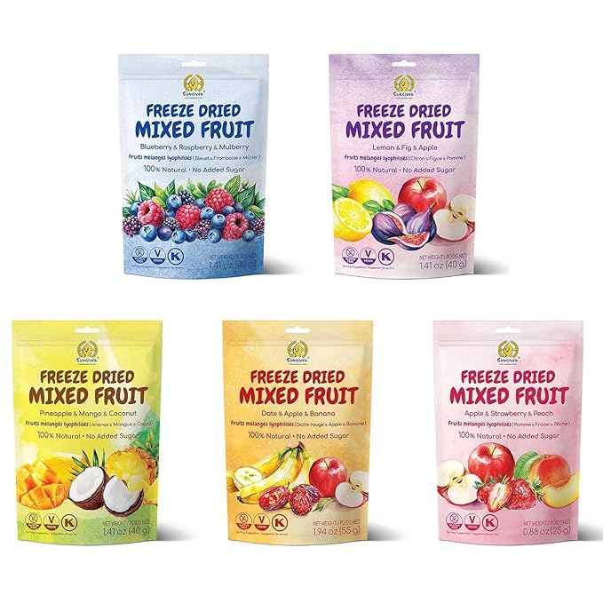 SUNGIVEN Freeze-Dried Fruit Party with 10+ Fruits Mixed Fruits Variety Pack of 5 Bag 7.06 oz Health Snack Fruit Crisps Freeze Dried Apple Strawberry Berries Lemon Coconut Fig Mango Pineapple No