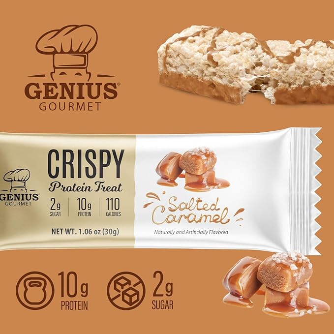 Genius Gourmet Crispy Protein Treat Salted Caramel Keto Snack Low Carb Low Sugar &amp Gluten Free Protein Snacks for Adults 10G of Whey Protein per Protein Bar 5 Net Carbs On The Go Snack 20