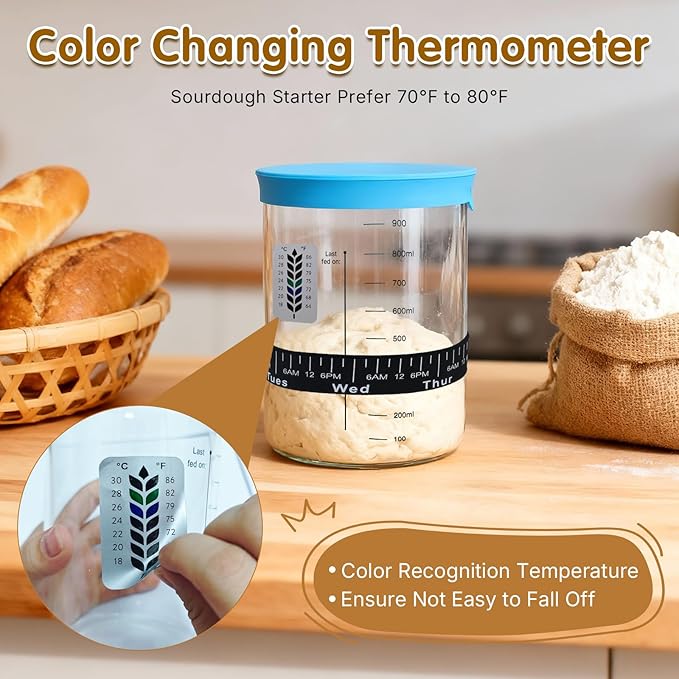 34oz Sourdough Starter Jar KitWide Mouth Sourdough Starter Container with Feeding Tracking Band Silicone Spatula&ampSourdough Starter Kit-Baking Supplies(2 pack). (Blue)