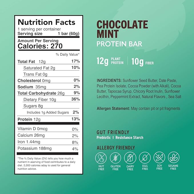 Amrita Nut Free Mint Chocolate Vegan Protein Bars (12 Count PK of 3) | 12g Plant-Based Protein Bar | Peanut Free Gluten Free Dairy Free | Low Sugar High Fiber School Safe