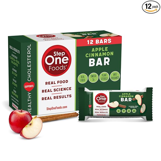 Step One Foods Apple Cinnamon Bars Heart Healthy Snack Plant Sterols Omega 3's and Dietary Fiber Gluten Free Non-GMO Vegan Fruit and Nut Granola Bars (12 Pack)