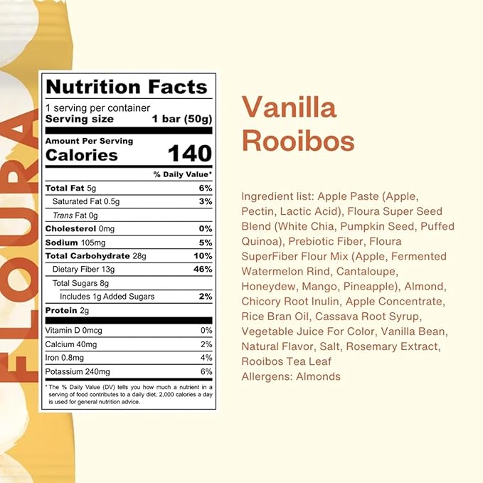 Floura Vanilla Rooibos Fruit-Forward Fiber Bars– High Fiber Vegan Gluten &amp Dairy Free Low Calorie Healthy Snack Bars with Upcycled Produce for Gut Health [10 Pack]