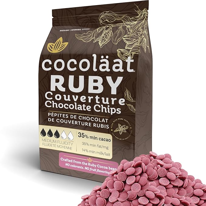 Cocoläat Ruby Couverture Chocolate Chips | Culinary Grade for Bakers Pastry Chefs &amp Chocolatiers | 35% Cocoa - 35% Fat | Gold Foil Resealable Pouch Perfect Holiday Gift | 5 lb