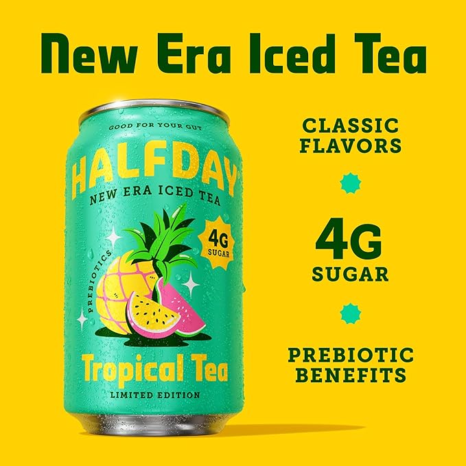 HALFDAY Prebiotic Iced Tea Tropical Tea Supports Digestive &amp Gut Health Plant Fiber &amp Prebiotics Low Sugar 30 Calories Natural Caffeine Gluten Free 12 fl oz (12 pack) Packaging May Var