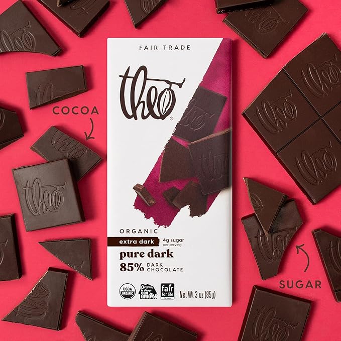 Theo Chocolate Pure Organic Dark Chocolate Bar 85% Cacao 6 Pack | Vegan Fair Trade