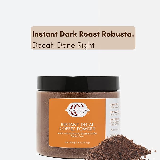 Civilized Coffee Premium Decaf Instant Coffee — Brazilian Dark Roast Decaffeinated Smooth &amp Rich (10 oz)