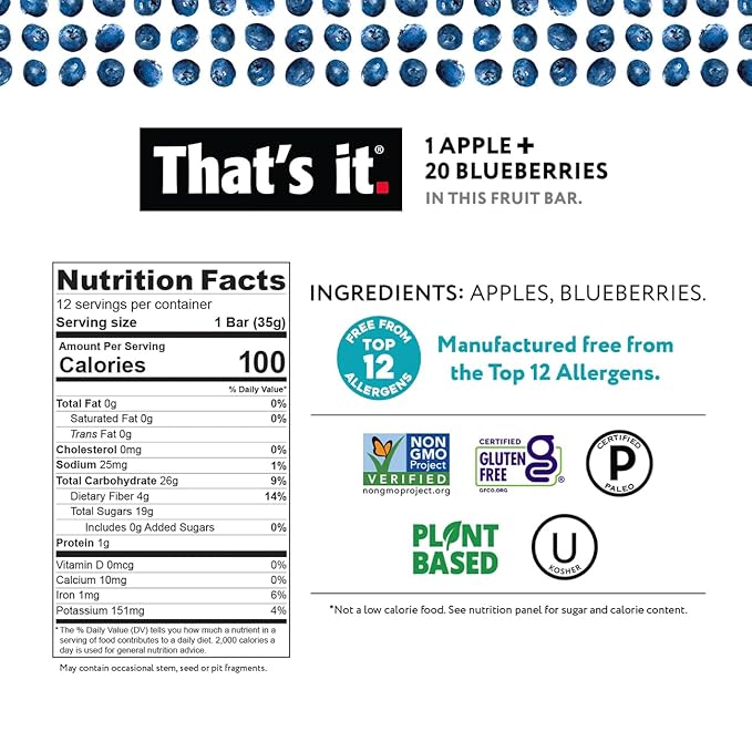 That's it. Apple + Blueberry 100% Natural Real Fruit Bar Best High Fiber Vegan Gluten Free Healthy Snack Paleo for Children &amp Adults Non GMO No Sugar Added No Preservatives Energy Food (12 Pa