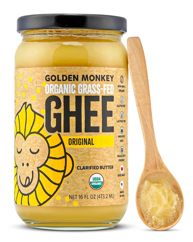GOLDEN MONKEY Organic Ghee Butter – Grass Fed Clarified Butter for Cooking Baking Keto &amp Gut Health – Ghee Butter Organic Grass Fed from Small Farms – Smooth Spread with High Smoke Point (16oz)