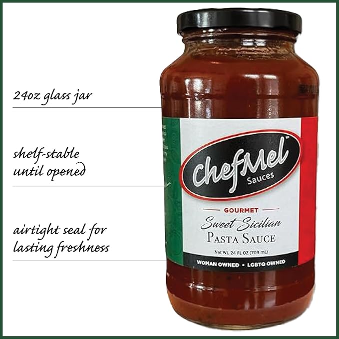 ChefMel’s Sweet Sicilian-Style Pasta Sauce - Rich &amp Velvety Italian Tomato Sauce Infused with Red Wine - Handcrafted in Small Batches - Gluten-Free - For Pasta Pizza &amp More - 24oz Jar (2 Pack