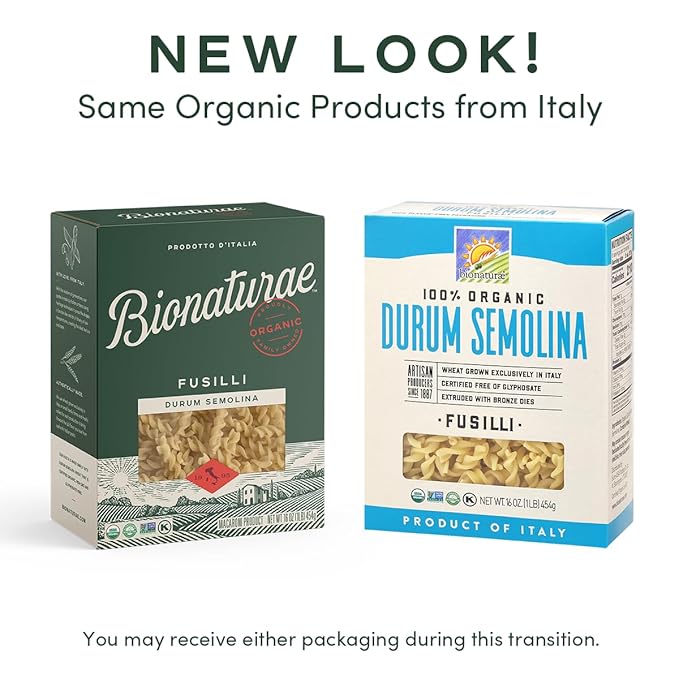 Bionaturae Fusilli Pasta Noodles - Durum Semolina Pasta Kosher High Protein Non-GMO Verified USDA Certified Durum Semolina Fusilli Fusilli Pasta Organic Crafted in Italy - 16 Oz 6 Pack