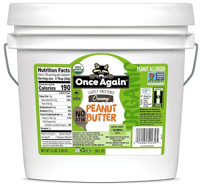 Once Again Organic Creamy Peanut Butter 9lb Bucket (same as 9 jars) - No Stir - Lightly Sweetened &amp Salted - USDA Organic Gluten