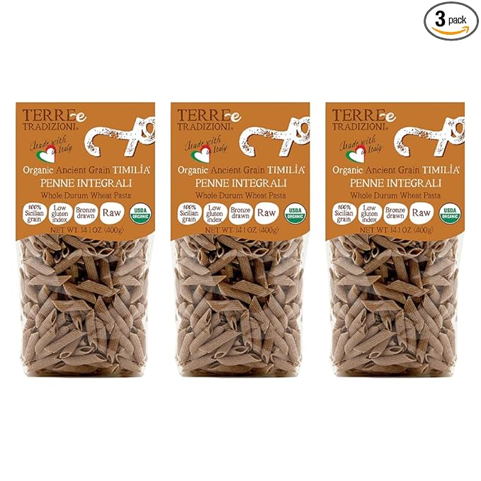 Tere e Tradizionni Organic Timilia/Tumminia Low-Gluten Index Whole Wheat Penne Pasta - Ancient Grains Grown in Sicily Italy - Al Dente Texture - Non-Gmo - Lower Carb - No Sugar Added - High in Fiber a