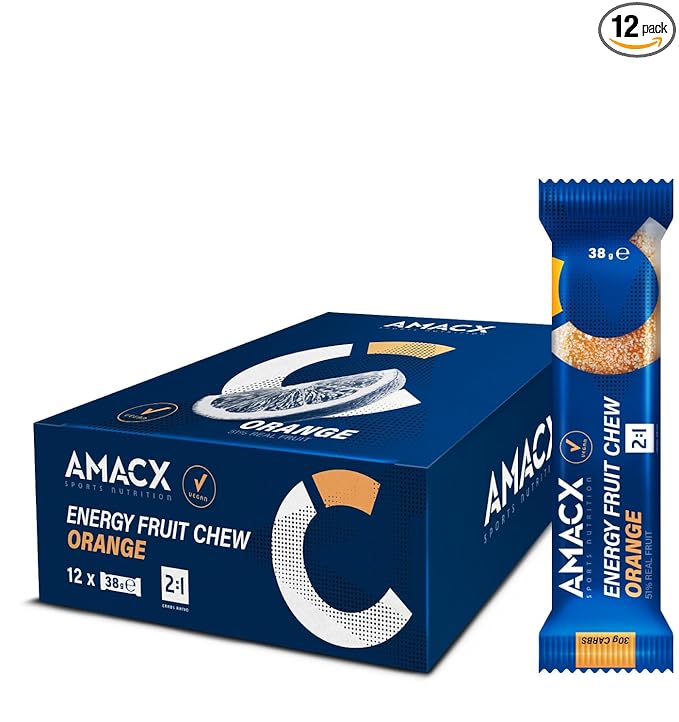 AMACX Fruit Chew Energy Bar – High Carb Running Fuel – 12 x 38g – Electrolyte Chews for Endurance Sports with 51% Fruit – Vegan Gluten &amp Lactose-Free – Sports Nutrition Running Chews (12 Pack Or