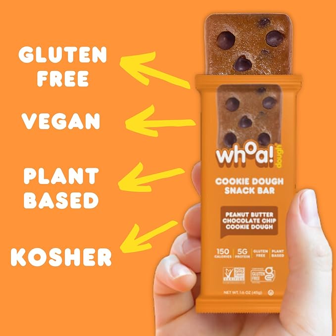 Whoa Dough Edible Cookie Dough Bars- Certified Non-GMO Kosher and Gluten Free Bars - Healthy Snack Foods - Plant Based Snacks - Peanut Butter Chocolate Chip Cookie Dough - 4 Pack