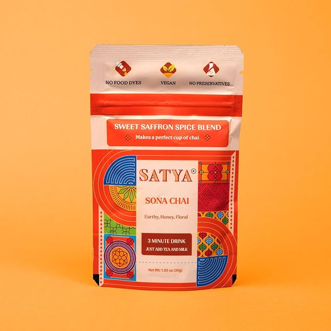 Satya Sona Chai Masala Mix 1.05 oz Sachets (Pack of 5-150gm) – Sweet Saffron Indian Chai Spice Blend - Vegan Gluten &amp Dye Free Low Sodium Authentic Masala for Tea Dessert &amp Golden Milk - 30