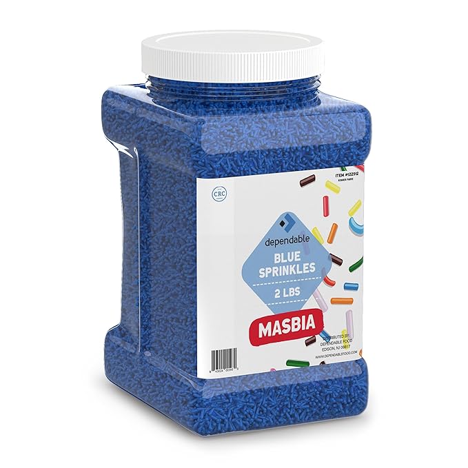 Dependable Food Blue Sprinkles - 2 Lb. Bulk Container - Gluten-Free Kosher Blue Jimmies for Cake Decorating Cupcakes &amp More - Resealable Jar