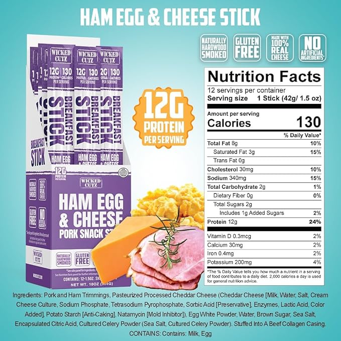 Wicked Cutz Ham Egg and Cheese Stick 12g Protein Per Gluten Free Breakfast Stick USA Made High Protein Carnivore Snacks Breakfast Meat Sticks (12 Sticks)