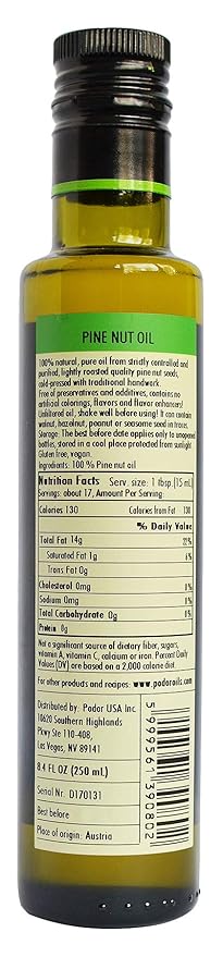 PÖDÖR Premium Pine Nut Oil - 8.4 fl. Oz. - Cold-Pressed 100% Natural Unrefined and Unfiltered Vegan Gluten-Free Non-GMO in Glass Bottle
