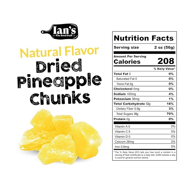 IAN's Dried Pineapple Chunks (2lb) Sweetened With Natural Cane Sugar - Dehydrated Pineapple Chunks Candied Pineapple Dried Fruit Energy Snacks
