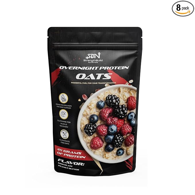 StrengthBuild Overnight Protein Oats – 45g Protein Muscle-Building Oatmeal – Clean Ingredients – Peanut Butter Chocolate – 8 Pouches