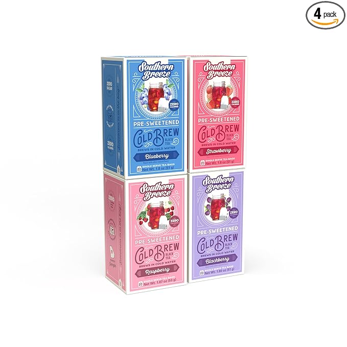 Southern Breeze Berry Bundle Cold Brew Sweet Iced Tea with Black Tea and Zero Carbs Zero Sugar 20 Individually Wrapped Tea Bags Pack of 4 (Raspberry Strawberry Blueberry and Blackberry)