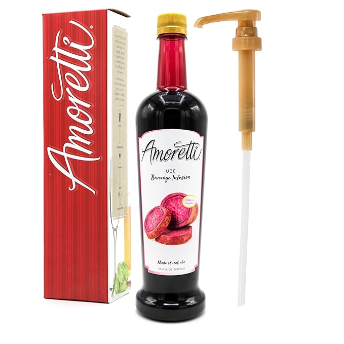 Amoretti - Ube Beverage Infusion 94 Servings Per Bottle (750 ml) - Drink Mix &amp Water Enhancer with Pump for Flavoring Cocktails Waters Teas and other Beverages Preservative Free