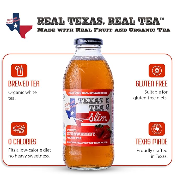 Texas Tea SLIM Poteet Strawberry White Tea – Zero Calories Reduced Sugar Organic White Tea with Real Texas Strawberries Small-Batch Brewed 12-Pack 16oz Glass Bottles