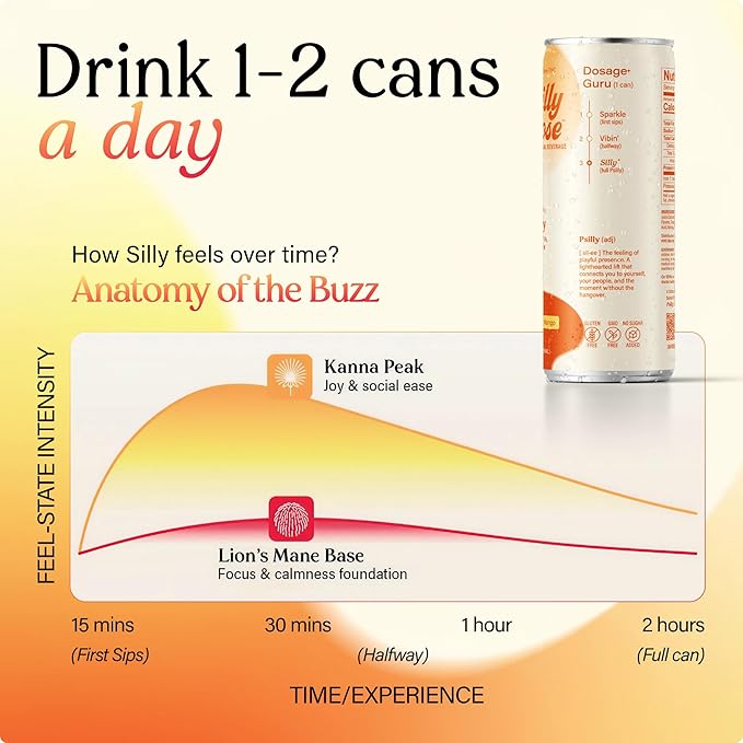 Non-Alcoholic Social Drink &amp Functional Beverage | Silly - Passionfruit Mango 12 FL OZ | Powered by Kanna &amp Lion's Mane | 4-Pack