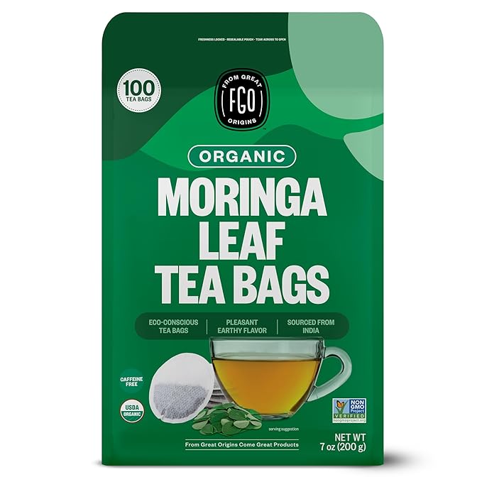 FGO Organic Moringa Tea 100 Count Eco-Conscious Tea Bags Resealable Bag Caffeine Free Packaging May Vary (Pack of 1)
