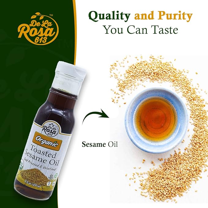 De La Rosa Toasted Sesame Oil Cold Pressed Organic Toasted Sesame Seeds Oil Vegan Non GMO &amp Gluten Free Pure Sesame Oil for Cooking Salad Dressing &amp Marinades 8oz (Pack of 1)