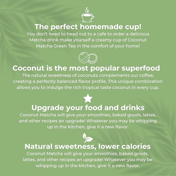 CAcafe Coconut Matcha - Instant Japanese Health Drink - Creamy &amp Sweet - Hot or Iced Green Tea Latte Mix - New Look Reduced Sugar - Non-GMO - No Artificial Flavors or Colors | 6-Pack