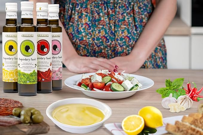 Pack of 4 Extra Virgin Flavored Olive Oil - Garlic Chili Lemon &amp Basil Infused EVOO - Cold Pressed Polyphenol Rich EVOO Intense Flavor Olive Oil Extra Virgin from Laconia 4X250ml