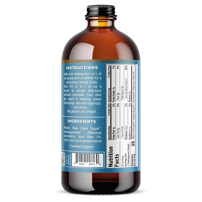 Bluestem Botanicals Organic Ashwagandha Simple Syrup 8 oz Cocktail and Mocktail Mixer for Drinks Non-Alcoholic