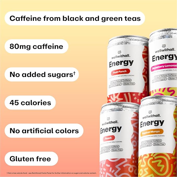 WellWithAll Energy Drink Variety Pack Strawberry Lemonade Fruit Punch Tropical Mango Peach Flavors Caffeine from Tea With Vitamin C Lightly Sparkling Beverage Juice Blend 12 oz 12-Pack