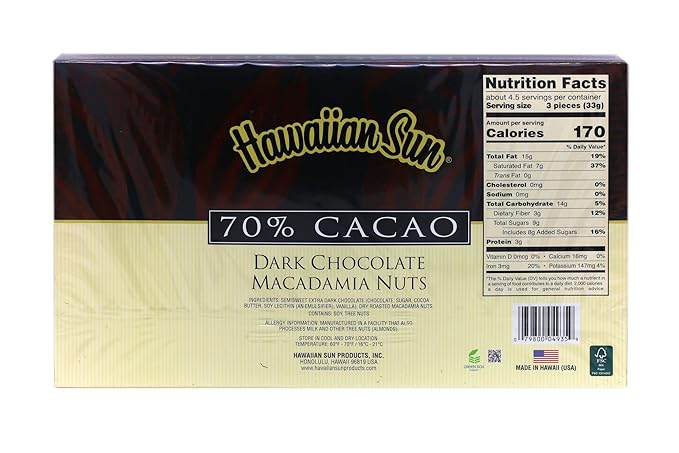 Hawaiian Sun Island Chocolates Gift Pack - Kona Crunch 70% Cacao Dark Chocolate Macadamia Nuts 5 oz